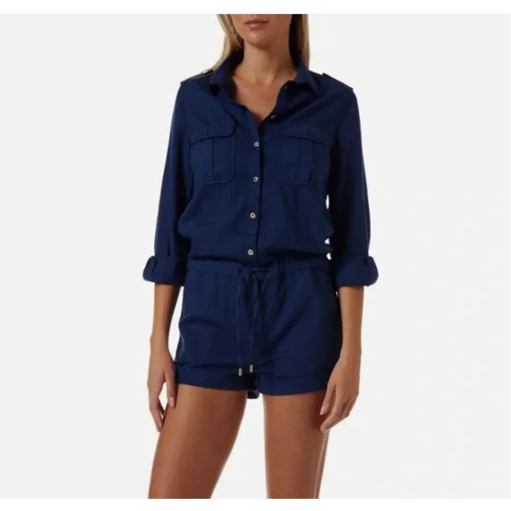 EMMA & MICHELE Navy‎ Blue Utility Pocket Tie Waist Romper Jumpsuit Womens M